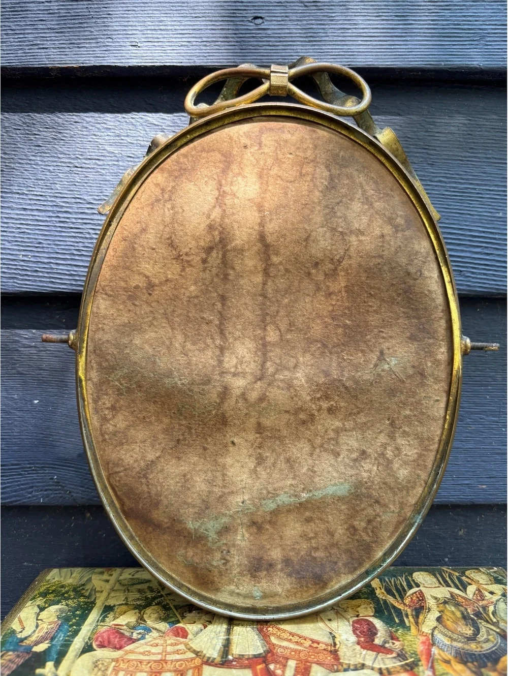 Antique Brass Oval Wall Mirror, Bow Ribbon Top, Victorian Vanity, Boudoir